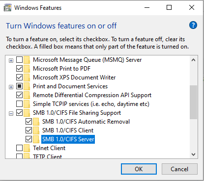 Windows Features dialog with SMB 1.0/CIFS Server ticked